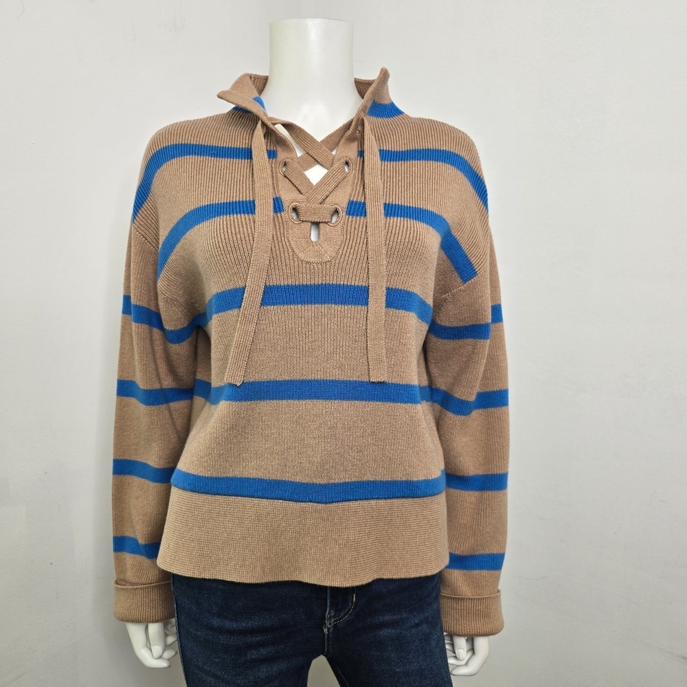 Everlane Sweater Smock Lace Up Brown Blue Stripe Wool Organic Cotton Size S
